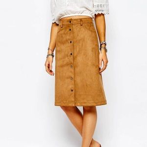 ASOS Faux Suede Brown Midi Button Down Skirt